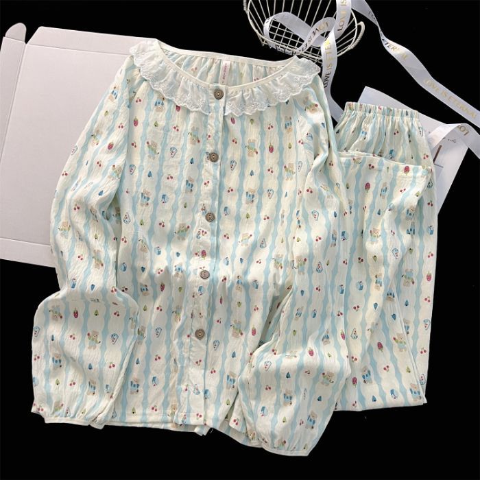 Al por mayor transfronterizo nubes de algodón adorable oso conjunto de pijamas de mujeres de otoño pantalones de manga larga cuello redondo ropa casual de encaje