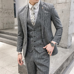 Men's Suit 2023 New Linen Striped Japanese Fashion Foreign Trade Cross-border Suit Three-piece Business Style