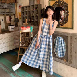 复古日系格子连衣裙女夏慵懒风海边度假收腰显瘦A字无袖背心长裙