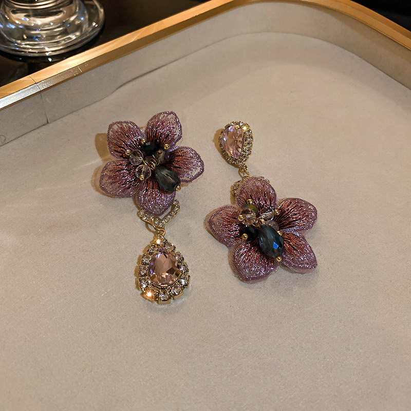 Flower Pattern 1 Pair Glam Flower Cloth Copper Inlay Artificial Crystal Rhinestones Drop Earrings