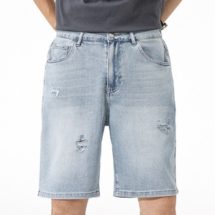 Ripped Denim Shorts 2025 Trendy Brand Ins Internet Celebrity Straight-Leg Trendy Five-Point Shorts