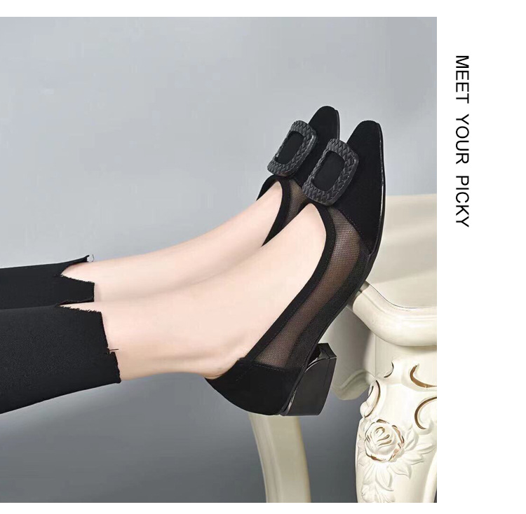 Giày lười nữ mũi nhọn da lưới thoáng khí, xỏ chân tiện lợi, gót 3 cm — Gót đen cao 3 cm chi tiết 14