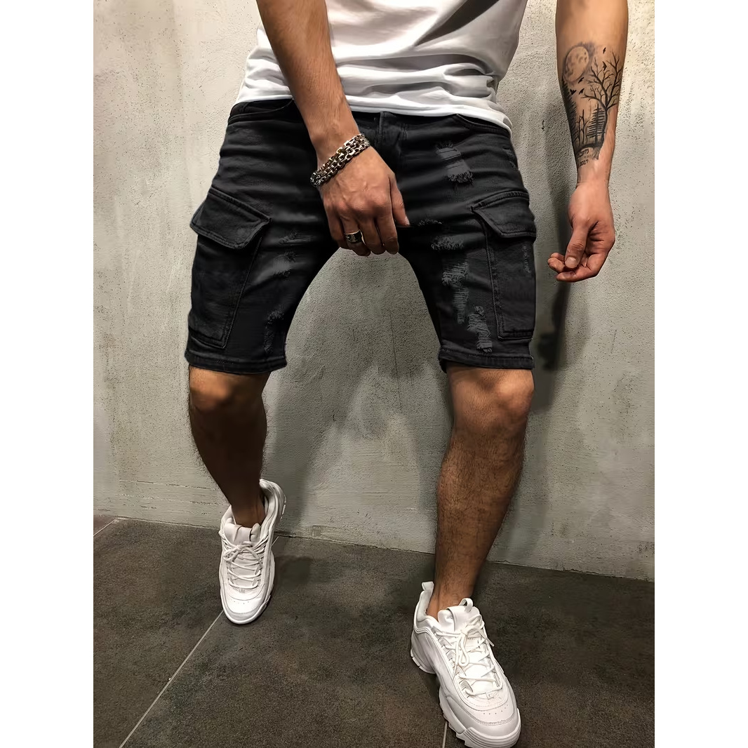 Men's Ripped Denim Shorts, Summer Stretch Cotton Cargo Shorts With Side Pockets, Slim Fit Casual Streetwear Style_viptrois.com