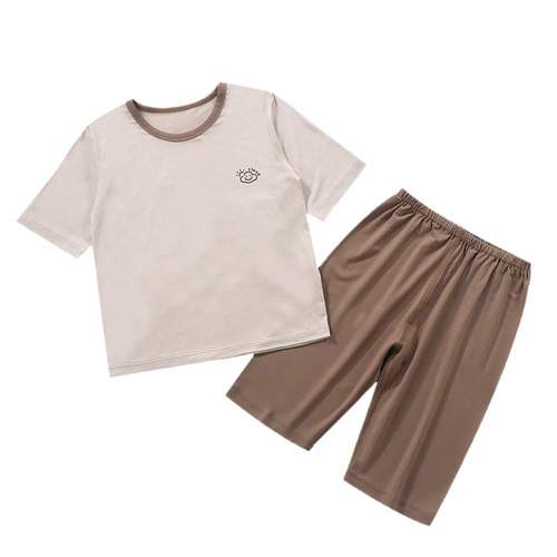 2025 new children's home wear for men and girls A boneless tensel modal quarter sleeve quarter pants air conditioning clothes