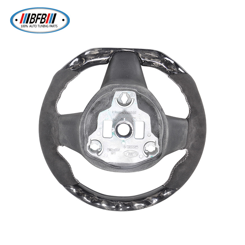 100% Real Carbon Fiber Steering Wheel Modification - For Tesla Model 3/Y - Black Perforated Leather Brown Stitching Marble Forged Pattern