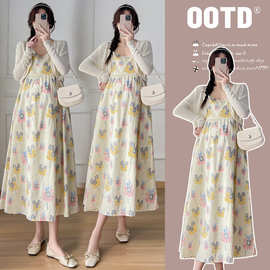 2024新款春夏两穿吊带连衣裙+防晒针织开衫孕妇两件套