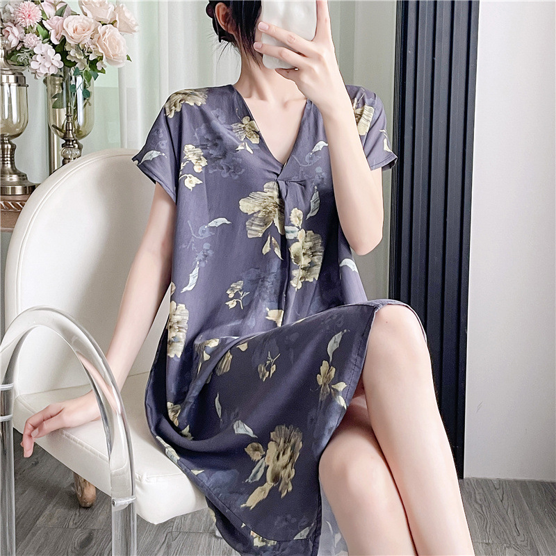 Camisón de seda de algodón para mujer verano nuevo Pijama estampado de dibujos animados de manga corta estilo coreano más tamaño ropa para el hogar suelta de seda de algodón delgada image 52