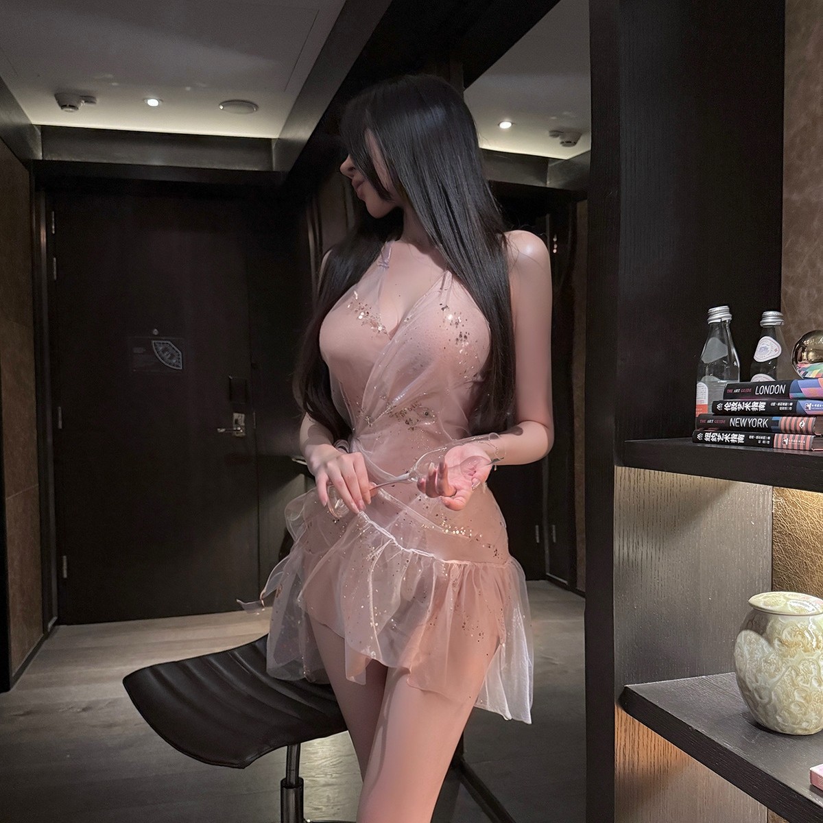 Sexy Lingerie with a Halter Neck, Deep V, Sheer, Light Mint Leaf Lace, Fine Sequins, and Soft Gauze Nightdress 9311