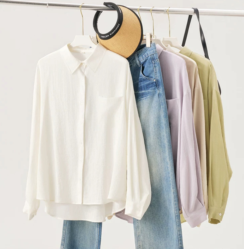 Áo sơ mi nữ linen dài tay mùa hè form rộng chống nắng phong cách lười biếng — Gạo sợi gai, Xanh lá cây nhạtcolor, Khoai tây tím, Bột sương mù ngó sen chi tiết 2