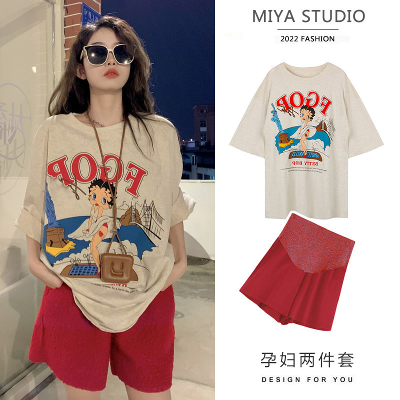 Pictures of processed maternity summer cotton short sleeve belly pants suit