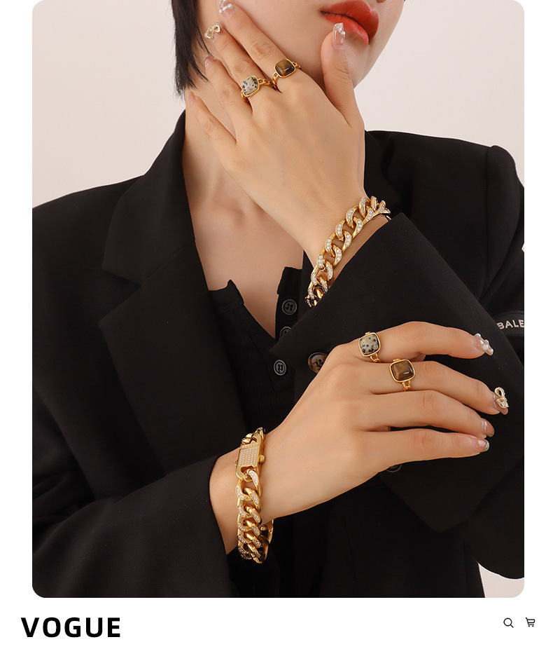 Mode Stil Thick Kubanischen Kette Zweireihig Diamant Gold-überzogene Titan Stahl Armband display picture 2