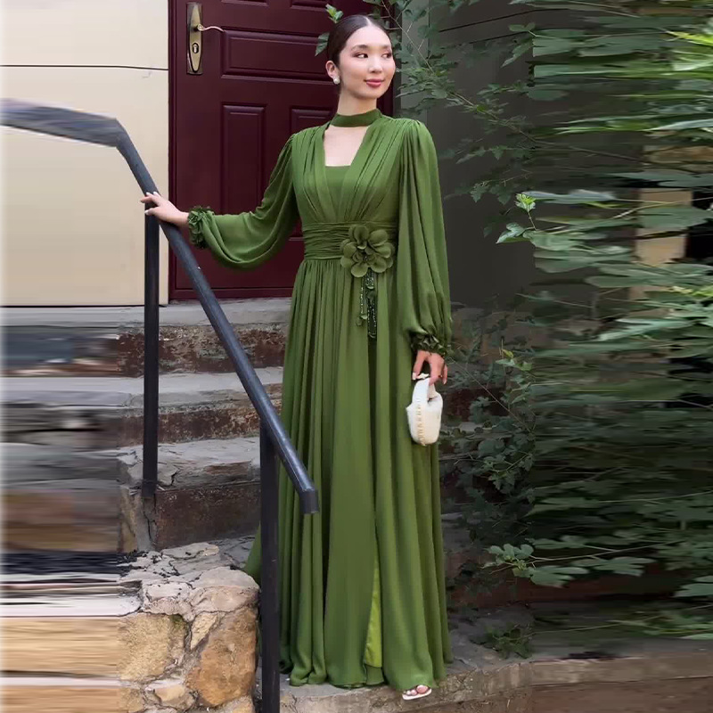 가을 2024 새로운 유럽과 미국의 아마존 국경 여성 프랑스 복고풍 단색 높은 허리 슬림 긴 소매 원피스