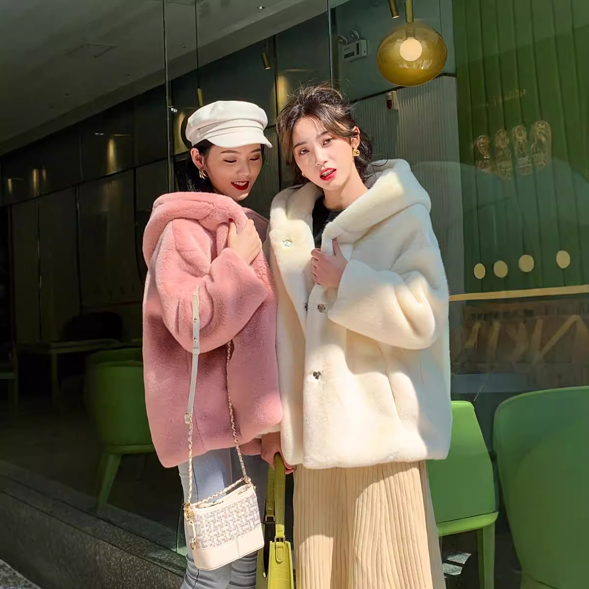跨境皮草保暖冬装外套新款兔毛上衣宽松加厚毛绒衣服时尚连帽女装