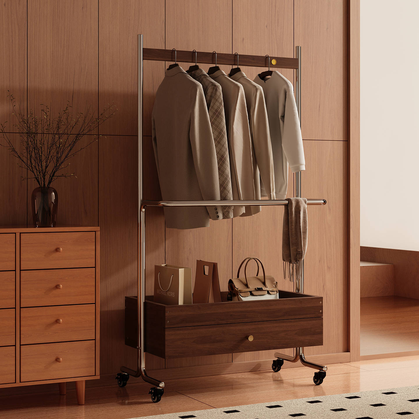 Solid Wood Clothes Hanger Floor-Standing Bedroom High-End Home Indoor Clothes Drying Rack Removable Multi-Functional Coat Rack