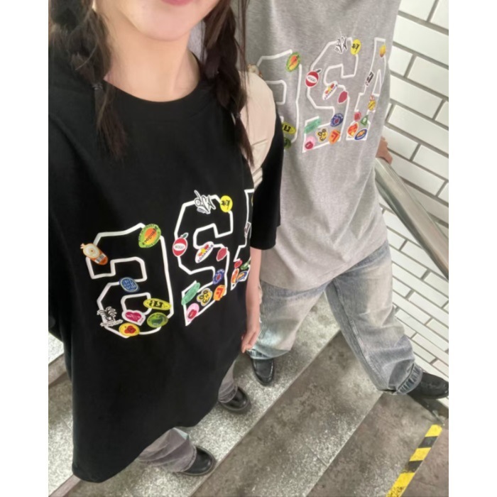 刺繍 (純綿 220g コーマタイト) アメリカンレトロカジュアル学生ルーズカップル半袖Tシャツ女性用|undefined