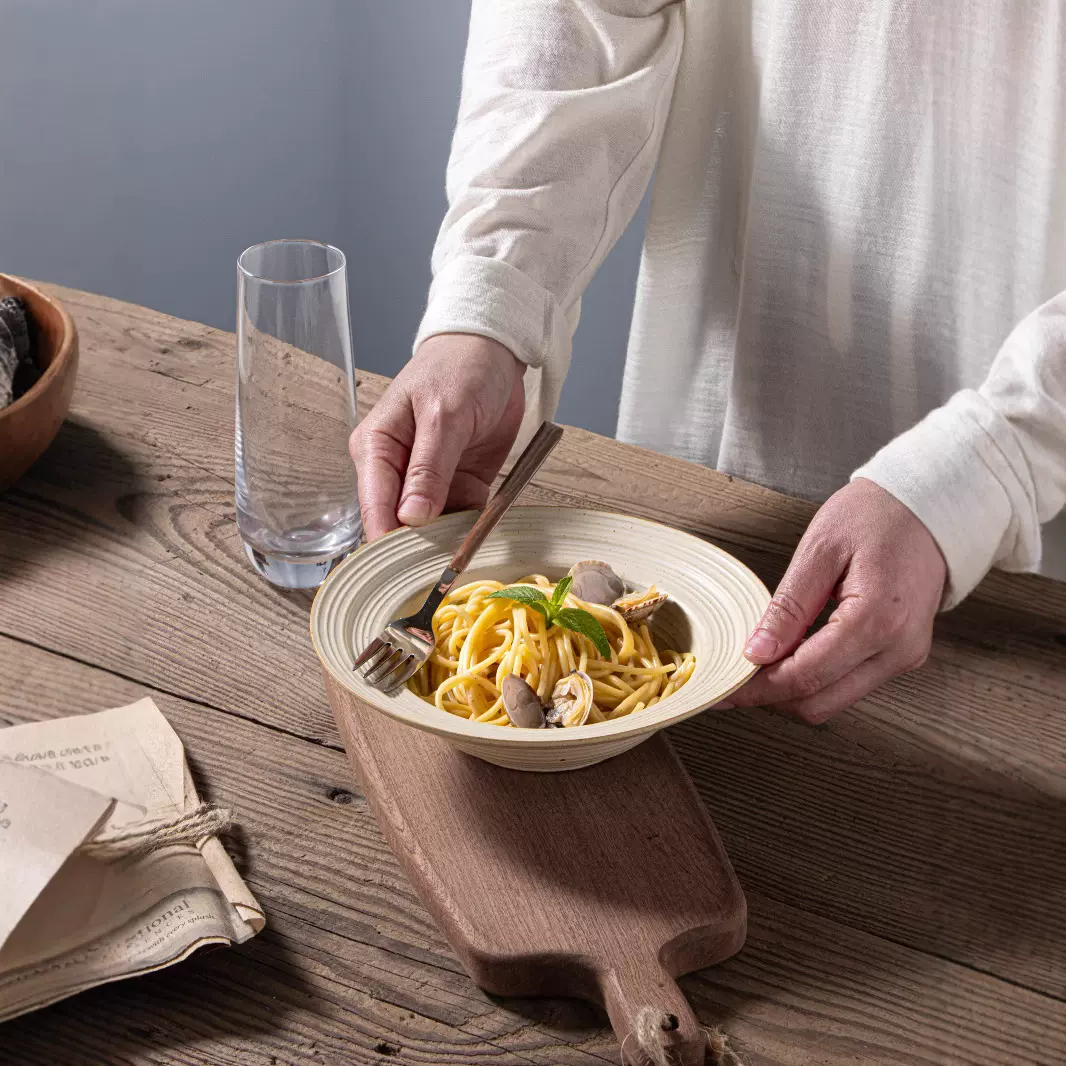 日式ins手工粗陶复古草帽陶瓷餐具意面盘创意碗筷沙拉盘家用