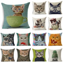 现代卡通猫咪亚麻印花抱枕套个性动物办公室沙发汽车靠枕靠垫套