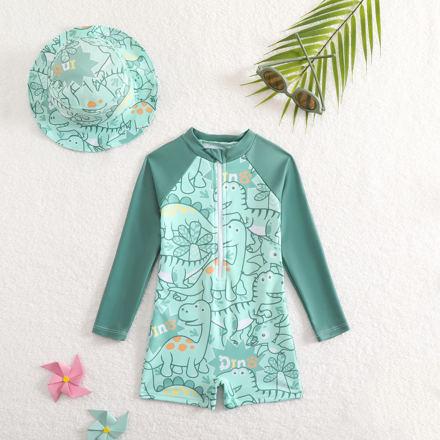 2026 New Cross-Border Boys' Long-Sleeve One-Piece Dinosaur Swimsuit Children's Foreign Trade One-Piece Hot Spring Vacation Children's Swimsuit