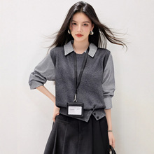 实拍 秋冬韩版气质慵懒洋气拼接衬衫假两件韩版复古休闲显瘦毛衣