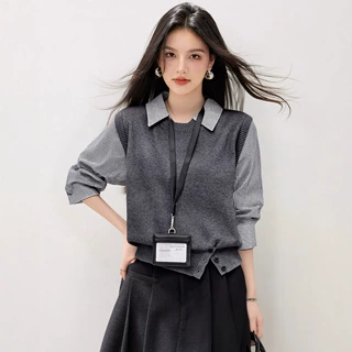 实拍 秋冬韩版气质慵懒洋气拼接衬衫假两件韩版复古休闲显瘦毛衣
