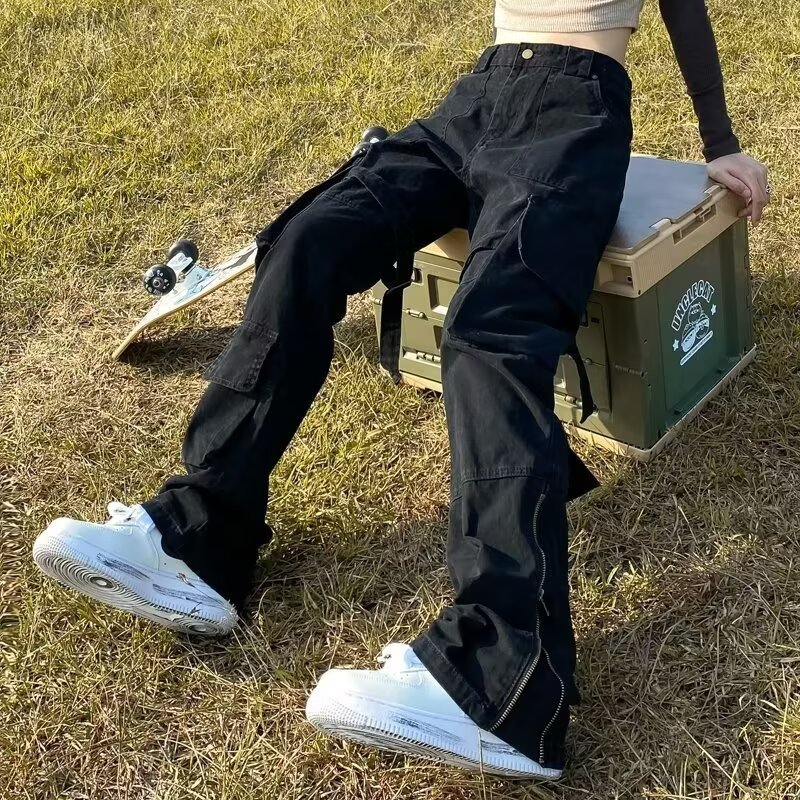 Pure black zipper overalls jeans men's 2024 new American vibe pants fashion brand multi-pocket pants