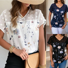 2025年女式T恤T恤花卉日常印花白色短袖时尚圆领夏季