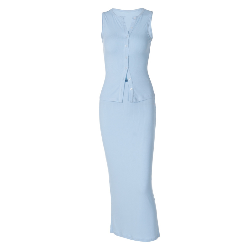 European And American Style Women's Fashion Elegant Solid Color Ribbed Sleeveless Button-up Cardigan Vest + Half Skirt_ecoleips.com