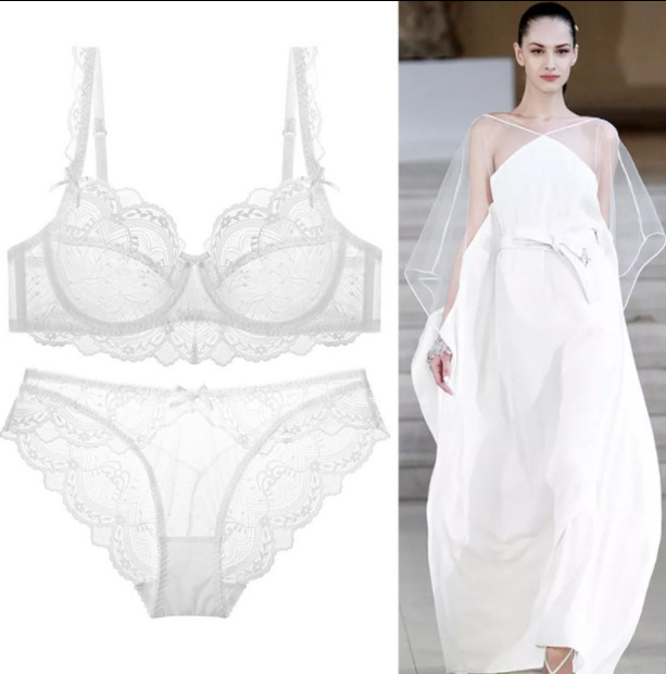 Large size set, women's sexy lace lingerie underwear, gathered adjustable bra_voghion.com