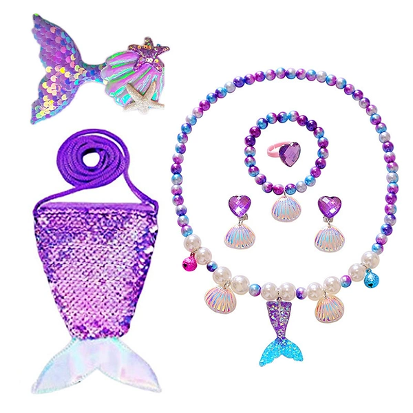 Set, purple necklace, hairgrip, bag