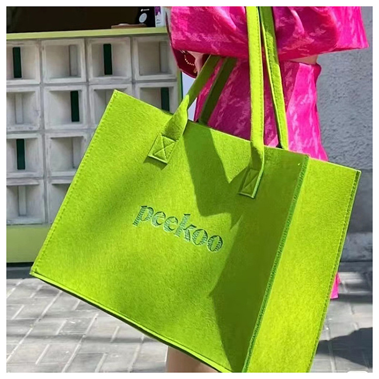 peekoo同款网红绿色毛毡包百搭单肩托特包挎包毛毡手提袋咖啡袋