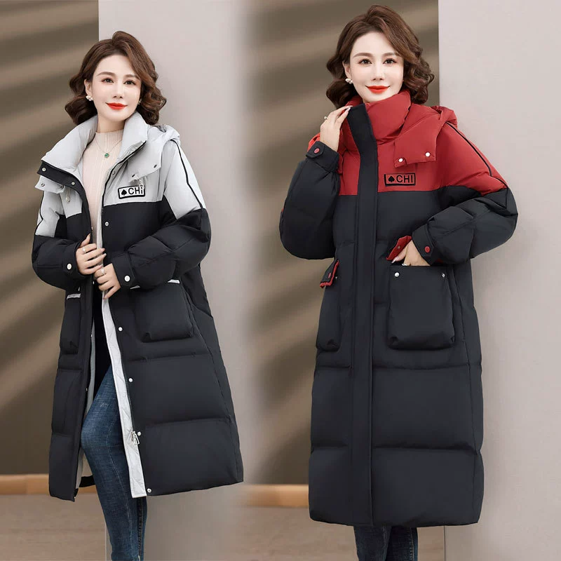 Женский свободный пуховик для мам, длинная теплая зимняя одежда выше колена, утолщенное пальто с капюшоном в западном стиле для среднего и пожилого возраста