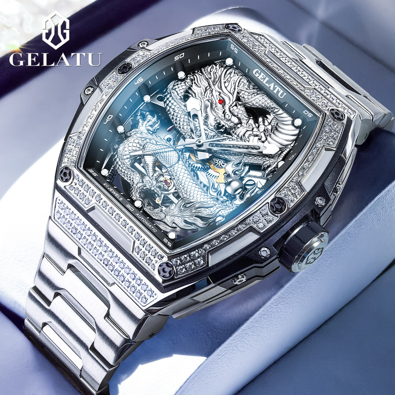 Gratu Brand Watch Men's Dragon Watch with Embossed Diamonds, High-End Barrel-Shaped Fashionable Mechanical Watch with Large Dial
