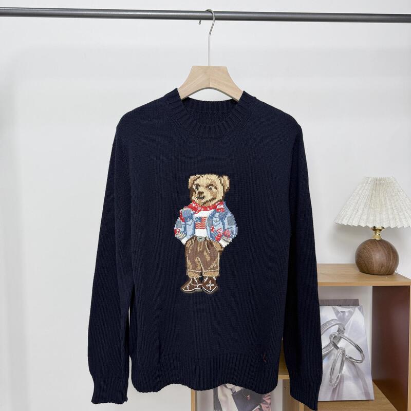 High-Quality/Scannable Denim Bear 25 Years Autumn and Winter Pure Cotton Heavy Embroidery Cartoon Round Neck Sweater Knitted