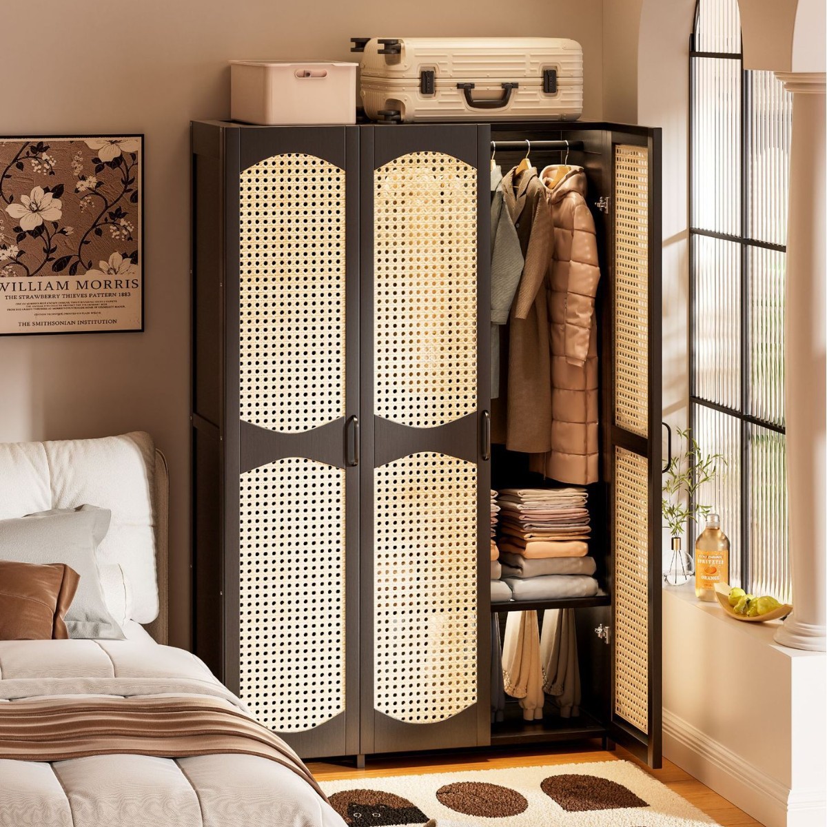 Household Simple Plastic Rattan Breathable Wardrobe with Door Rental Room Storage Hanging Clothes Cabinet Breathable Bedroom Assembly Wardrobe