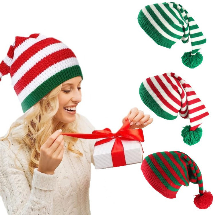 Adult knitted Christmas hat Elf Santa Beanies Red and green knitted crochet hat_voghion.com