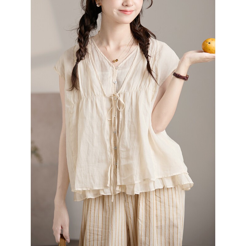 Gjcp Lightweight and Flowy Faux Two-Piece Elegant Ramie Blouse 2026 Summer V-Neck Sleeveless Tie-Up Top