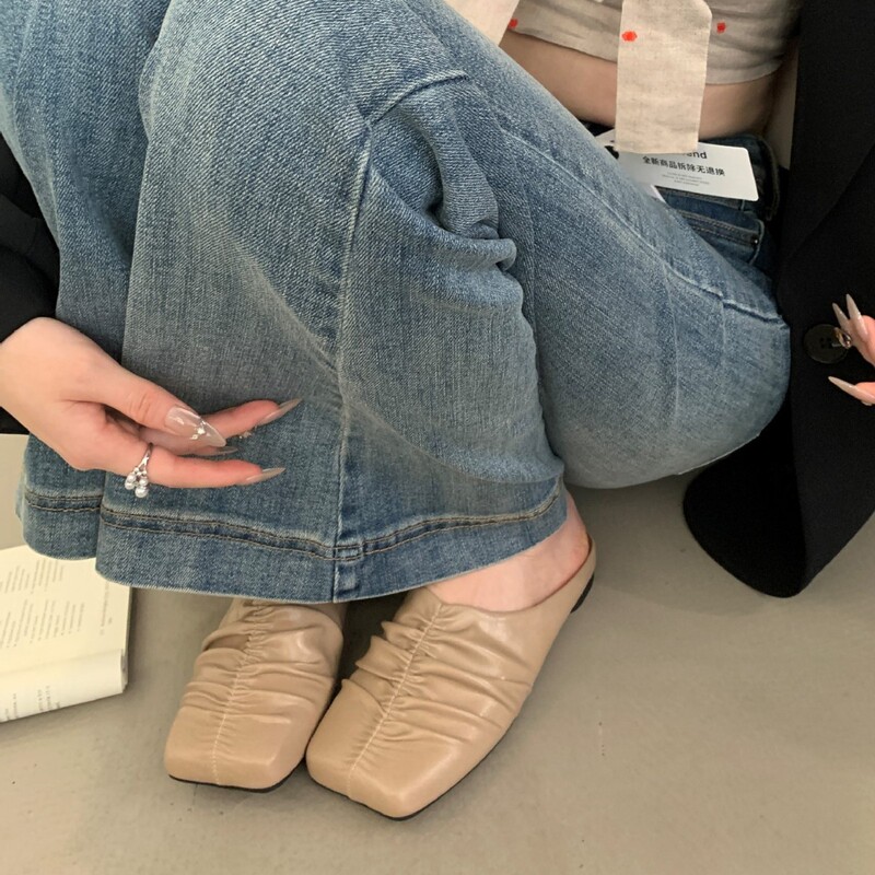 复古小众褶皱包头半拖鞋女外穿懒人一脚蹬平底方头穆勒鞋后空单鞋|undefined