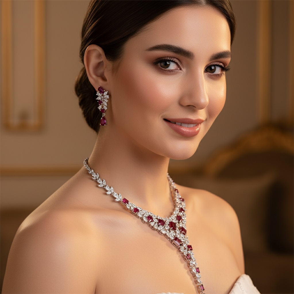 Heavy Industry Design High-grade Flash Diamond Luxury Necklace Earrings suit Sweet Pink Water Drops Elegant Banquet Accessories
