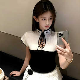 纯欲辣妹半高领系带镂空短袖针织衫女秋冬气质小香风撞色拼接上衣