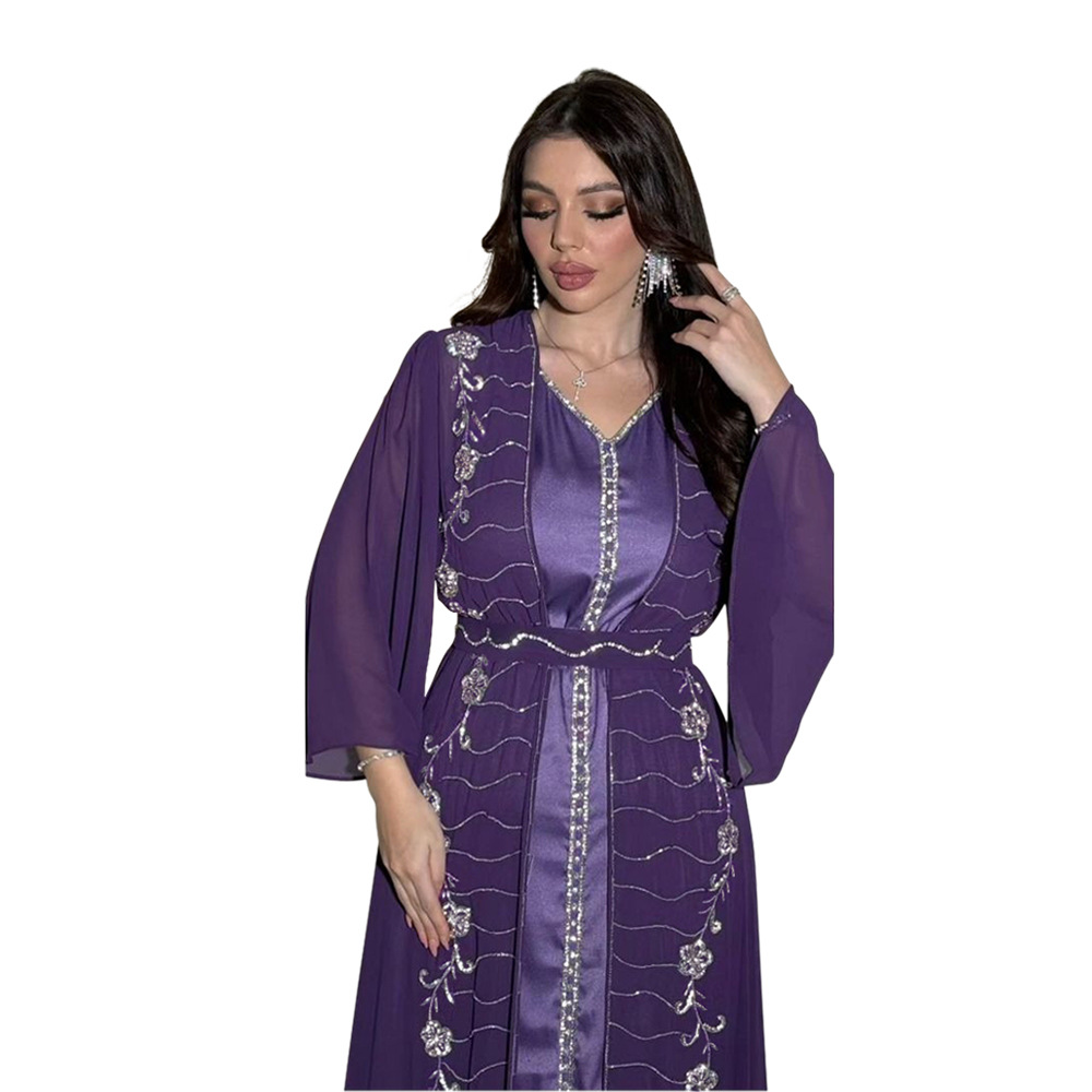 XQY500261 Four-Season Commuting Vest + Jacket Dress Chiffon Rhinestone Muslim Suit Robe_ecoleips.com