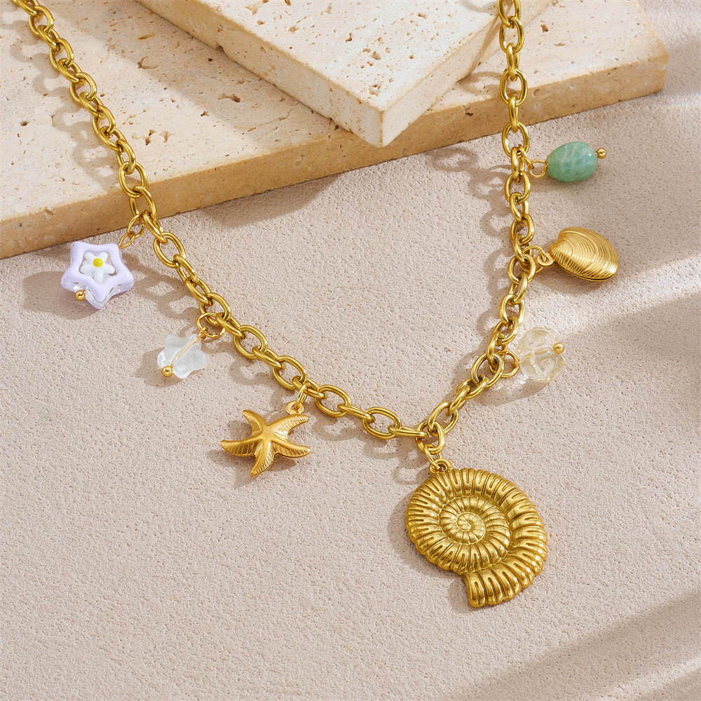 Cartoon Sea Life Gold Plated Conch Scallop Starfish charm stainless steel necklace