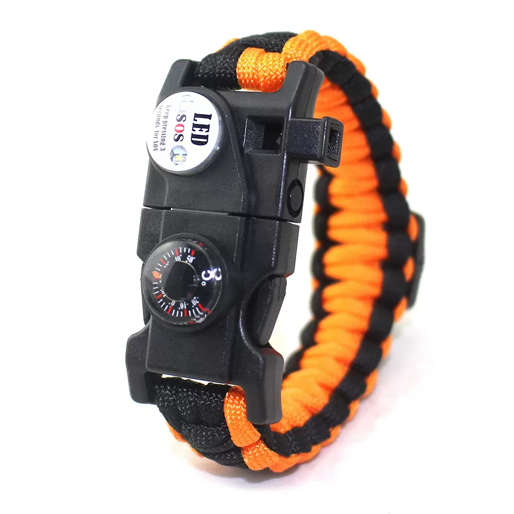 户外野营探险求生SOS手链LED照明灯指南针温度计应急手链救生手环