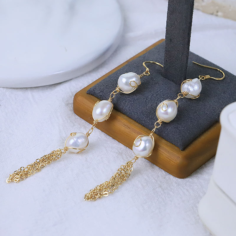 XlentAg aretes de perla natural aretes de bronce aretes largos para mujeres lujosos aretes de diseño manual de alta calidad