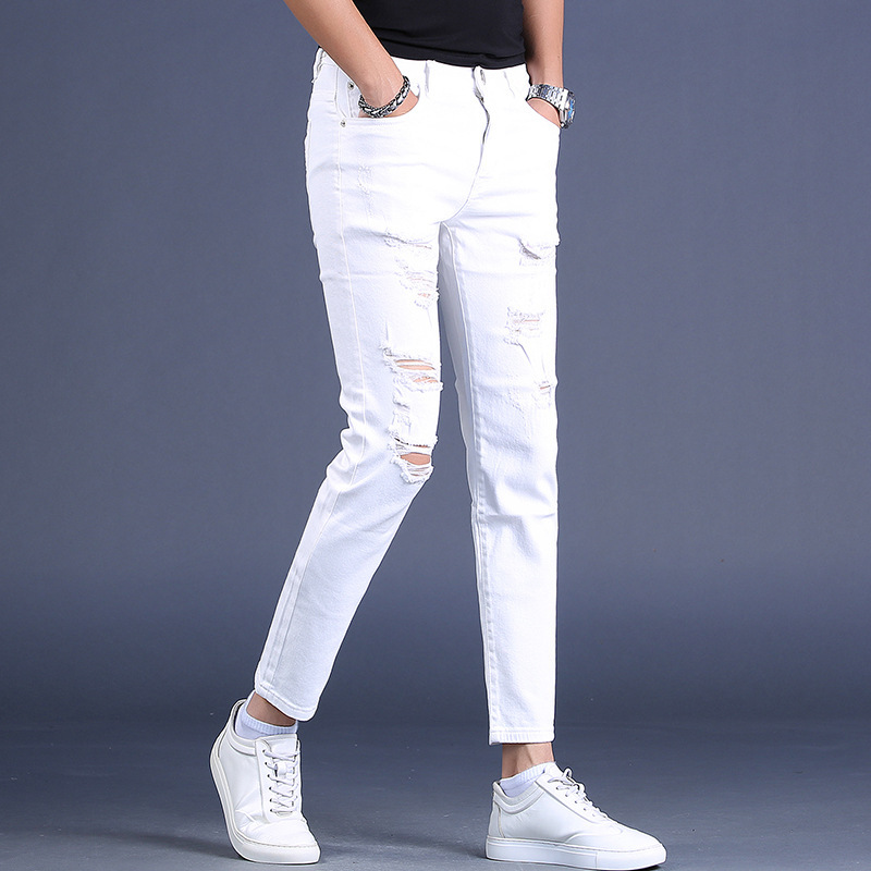 Spring New Style White Jeans for Men, Ripped, Slim Fit, Trendy, 9/10 Length, Distressed, Trendy Brand, Men's Pants