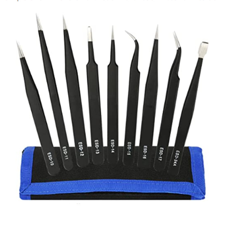 9件套镊子帆布工具包精密镊子维修电路板镊子弯头扁头九件套