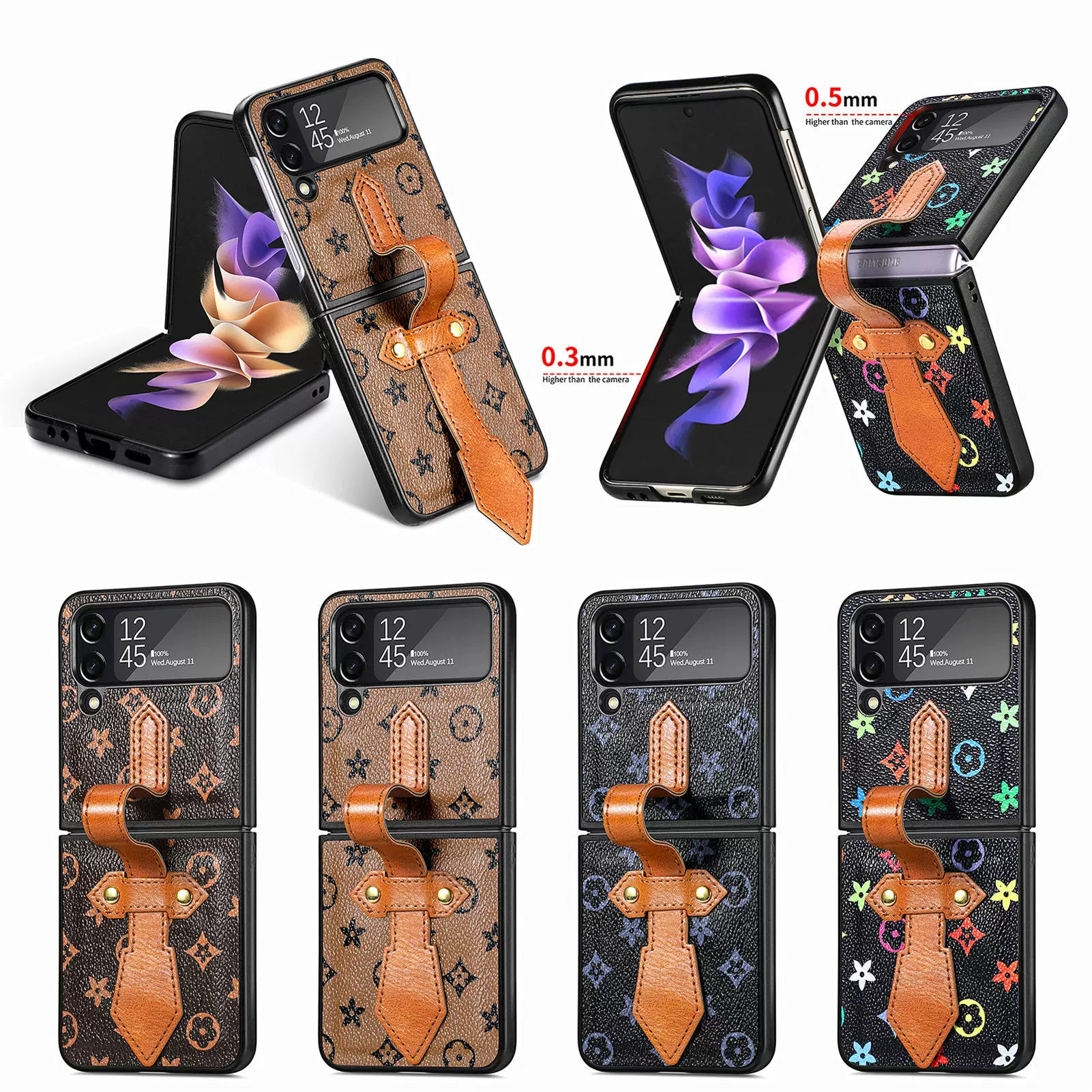 适用Samsung Z Flip4五角花老花料手机壳 zflip4手腕带连体PU皮革