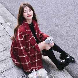 2025年红色格子毛呢西装毛呢外套女冬新款短款小个子宽松加厚呢子