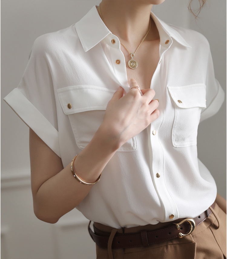 Áo sơ mi cổ polo nữ tay ngắn dáng rộng kiểu Pháp màu trắng — Màu trắng chi tiết 4