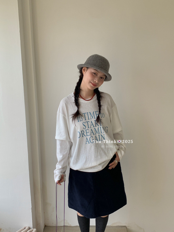 【You Think】十三行ins风时尚字母印花假两件宽松百搭长袖T恤女|undefined
