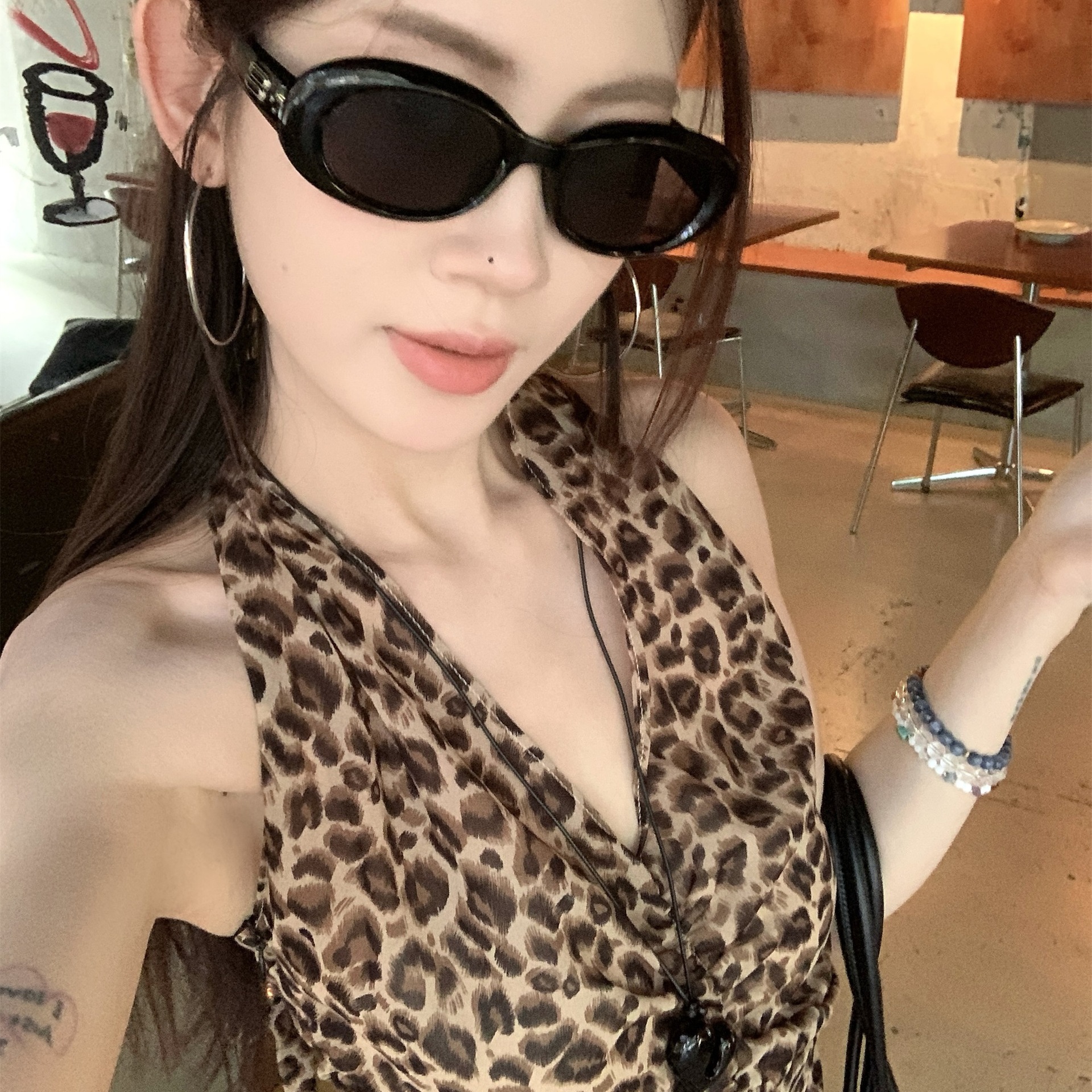 [오리지널 메쉬] 홀터넥 캐미솔 여성 여름 백리스 핫걸 탑 여성 레오파드 프린트 민소매 티셔츠